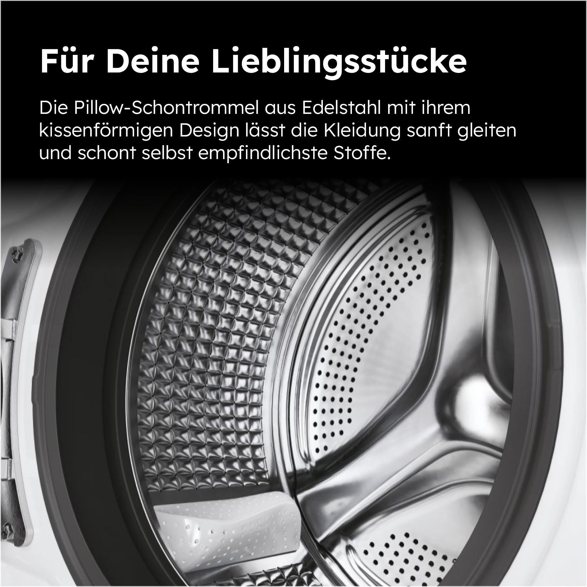 Waschmaschinentrommel innen. Edelstahl mit gemusterten Oberflächen. Schwarze Türdichtung. Weißer Text oben.