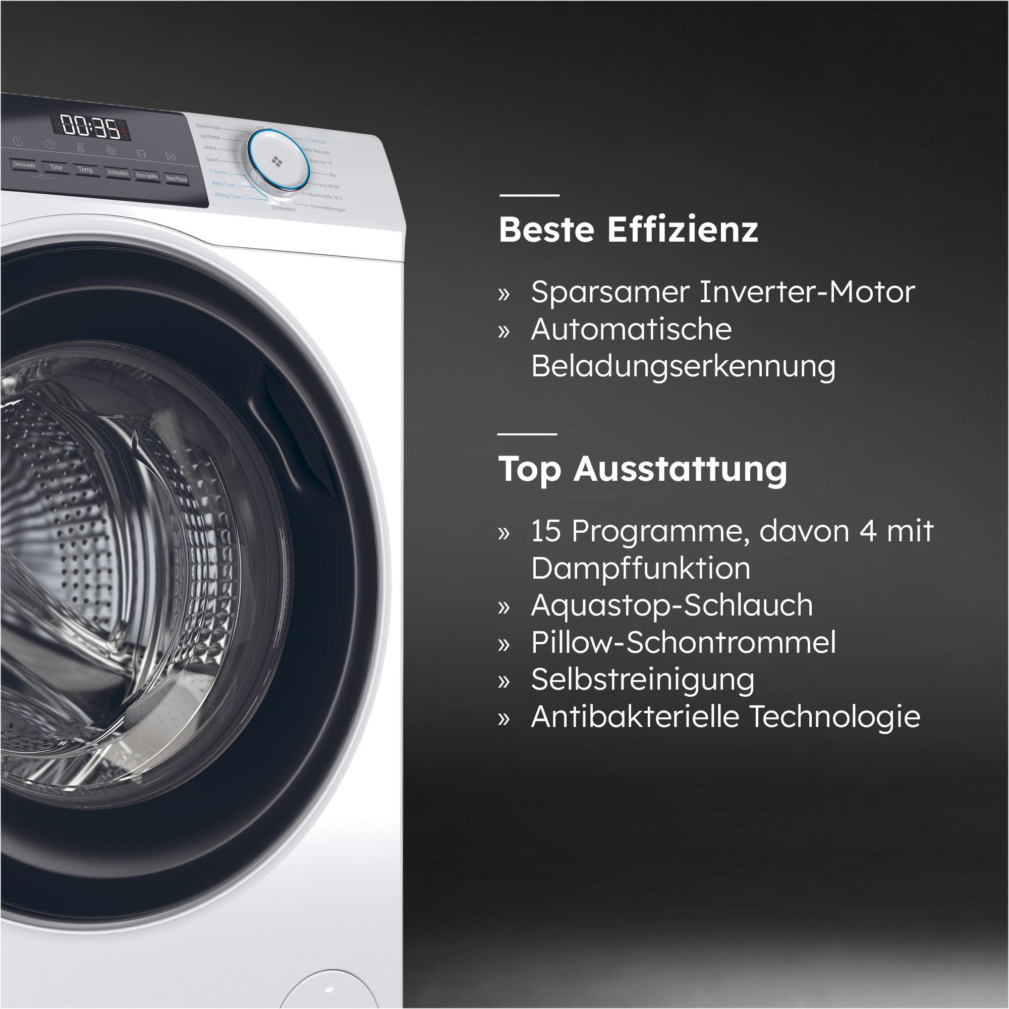 Eine Waschmaschine ist abgebildet. Das Bedienfeld zeigt 00:35 an. Zu den Funktionen gehören Programme, Dampf, Aquastop und Antibakterielle Technologie.