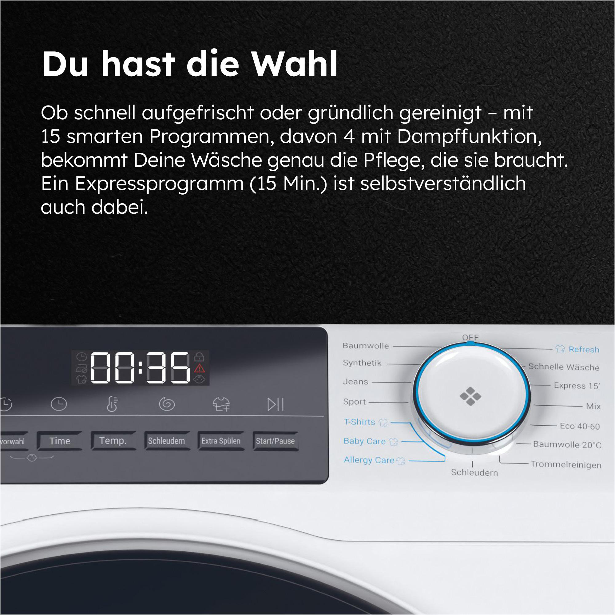 Waschmaschinen-Bedienfeld mit Zeitanzeige und Programmauswahltaste. Text auf Deutsch.