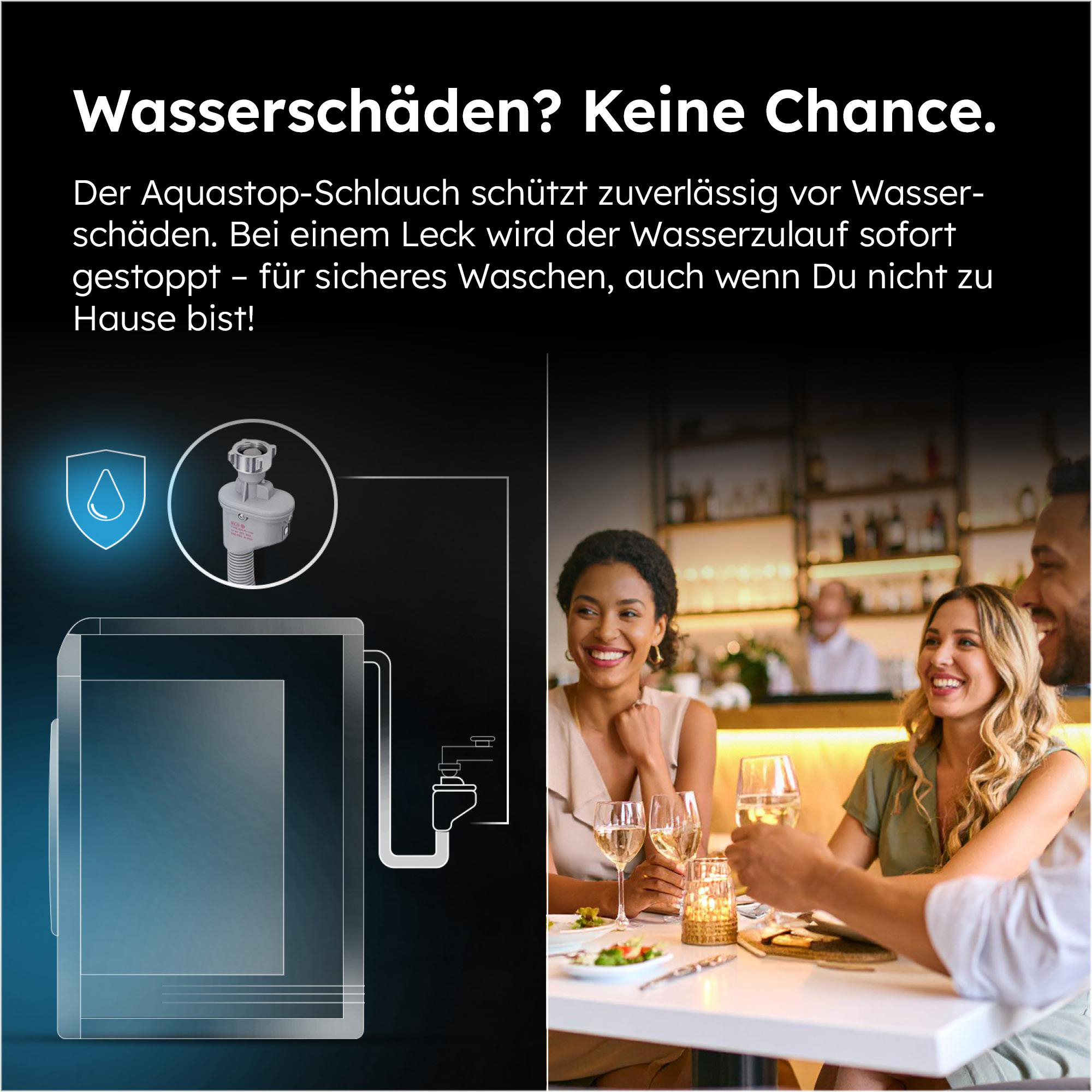 Das Bild zeigt ein Diagramm eines Aquastop-Schlauchs neben einer Restaurantszene mit Personen, Getränken und Text über Wasserschutz.