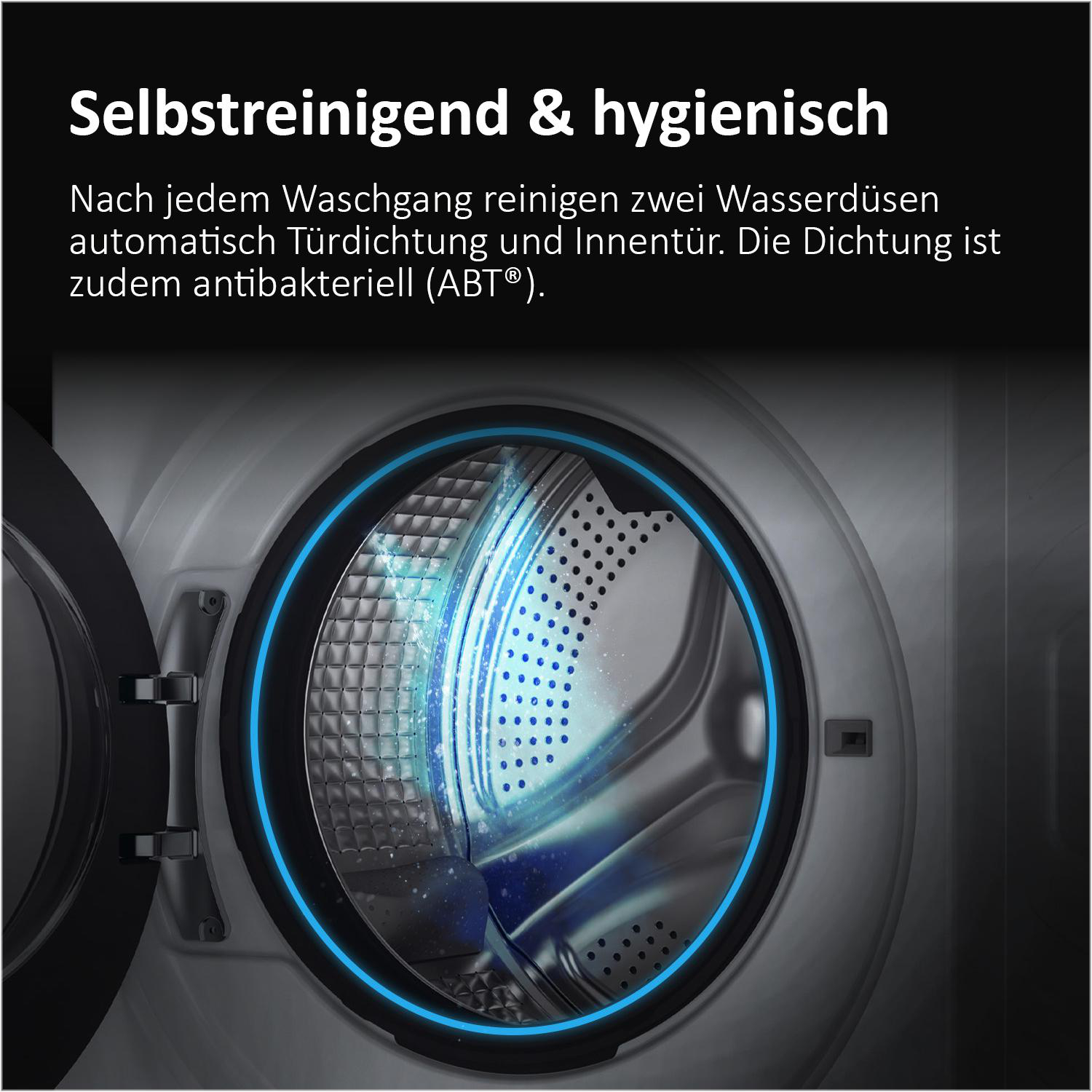 Geöffnete Waschmaschinentür mit blau leuchtendem Rand. Text: Selbstreinigend & hygienisch, mit Details zur automatischen Reinigung.