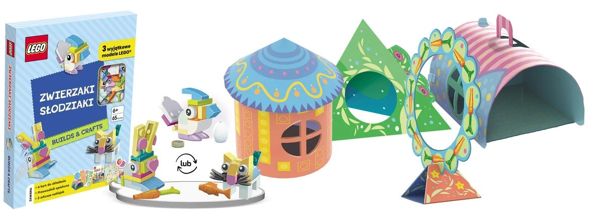 Zdjęcie przedstawia zestaw LEGO z budowlami zwierząt, w tym ptaka, domu, tunelu i innych kolorowych modeli.
