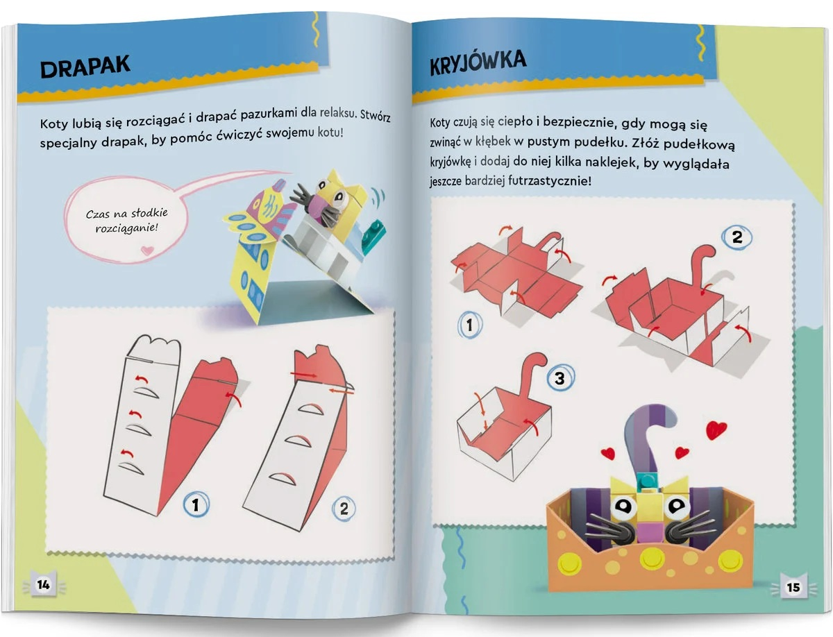 Otwarta książka z pracami plastycznymi o tematyce kotów. Instrukcje pokazują, jak zrobić drapak dla kota i pudełko do ukrycia.