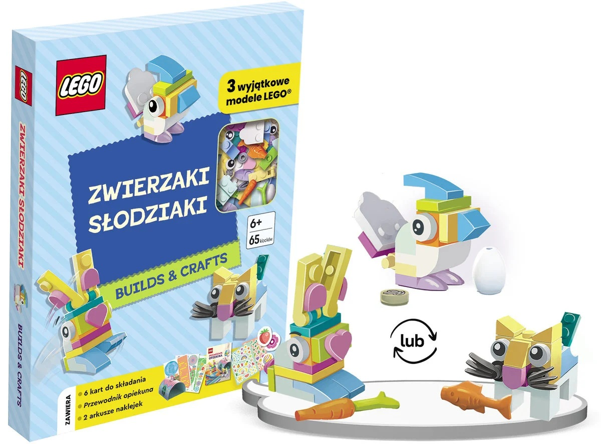 Zestaw LEGO ZWIERZAKI SŁODZIAKI z modelami zwierząt. Pudełko zawiera królika, ptaka i kota zbudowanych z klocków. Zawiera instrukcje.