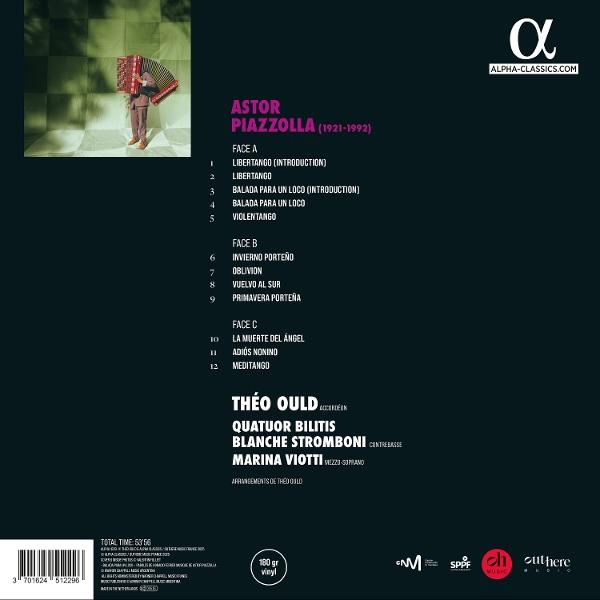 Albumcover: Astor Piazzolla, Trackliste und ein Mann, der Akkordeon spielt. Schwarz-Weiß-Bild mit Text.