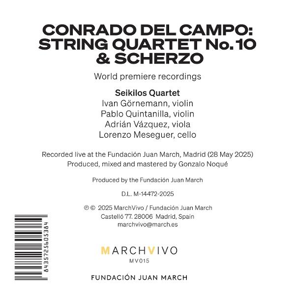 Albumcover: Conrado del Campo Streichquartett Nr. 10 & Scherzo vom Seikilos Quartett. Enthält Text und einen Barcode.