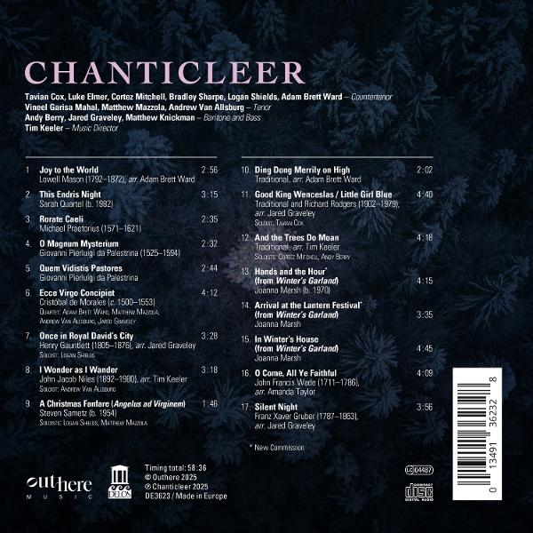 CD-Cover. Titel: Chanticleer. Enthält Titelliste, Künstlernamen, Musikdetails und einen winterlichen Hintergrund.