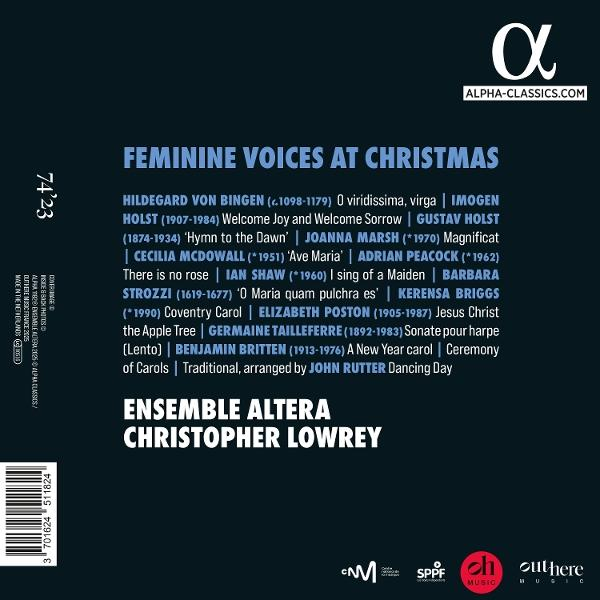 Albumcover: 'Feminine Voices at Christmas'. Enthält Text, ein Logo und einen Barcode. Dunkelblauer Hintergrund. Ensemble Altera, Christopher Lowrey.