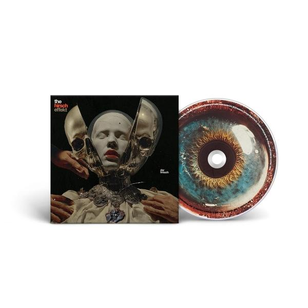 CD-Cover-Kunst mit einem surrealen Bild eines Gesichts mit Schädeln und einer menschlichen Augen-CD. Der Bandname ist 'the hirsch effekt'.