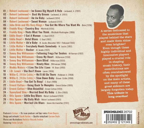 Albumcover mit Porträt eines schwarzen Mannes, Titelliste und Text über die Musiker, die hinter den Stars spielten.
