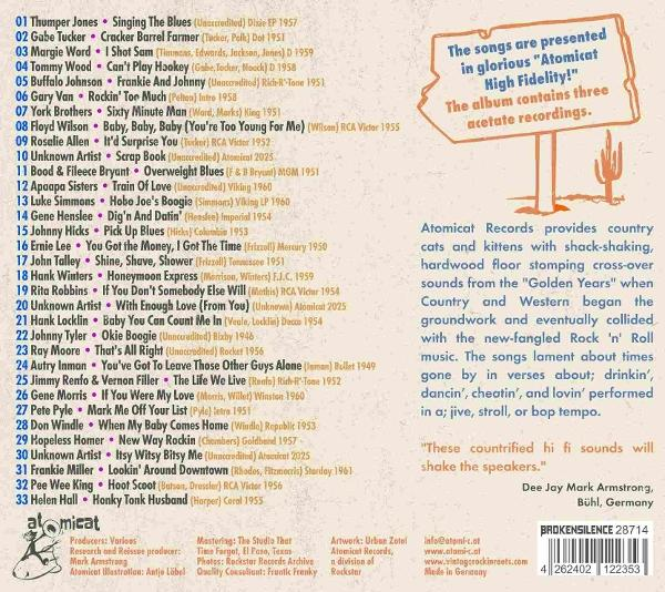 Albumcover: Text und Grafiken auf weißem Hintergrund, Werbung für Musik von Atomicat Records.