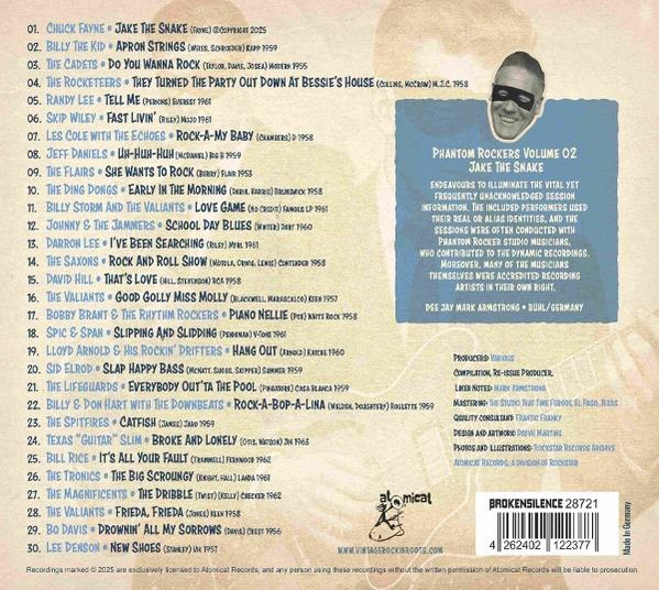 CD-Cover. Listet Songs, Künstler. Mit Phantom Rockers-Logo und einem Mann mit Maske.