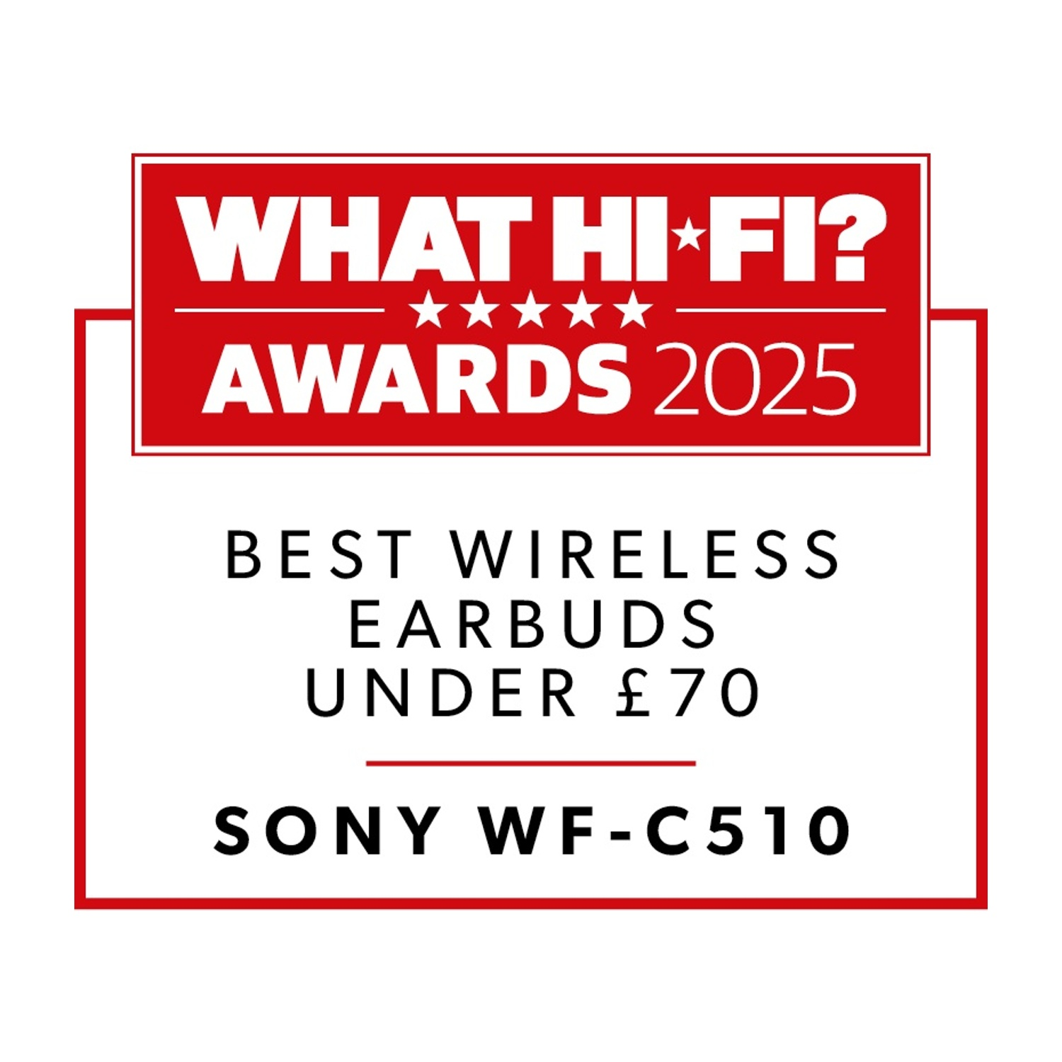 Grafica del premio: 'What Hi-Fi? Awards 2025' per i migliori auricolari wireless sotto le 70 sterline, è presente 'Sony WF-C510'.