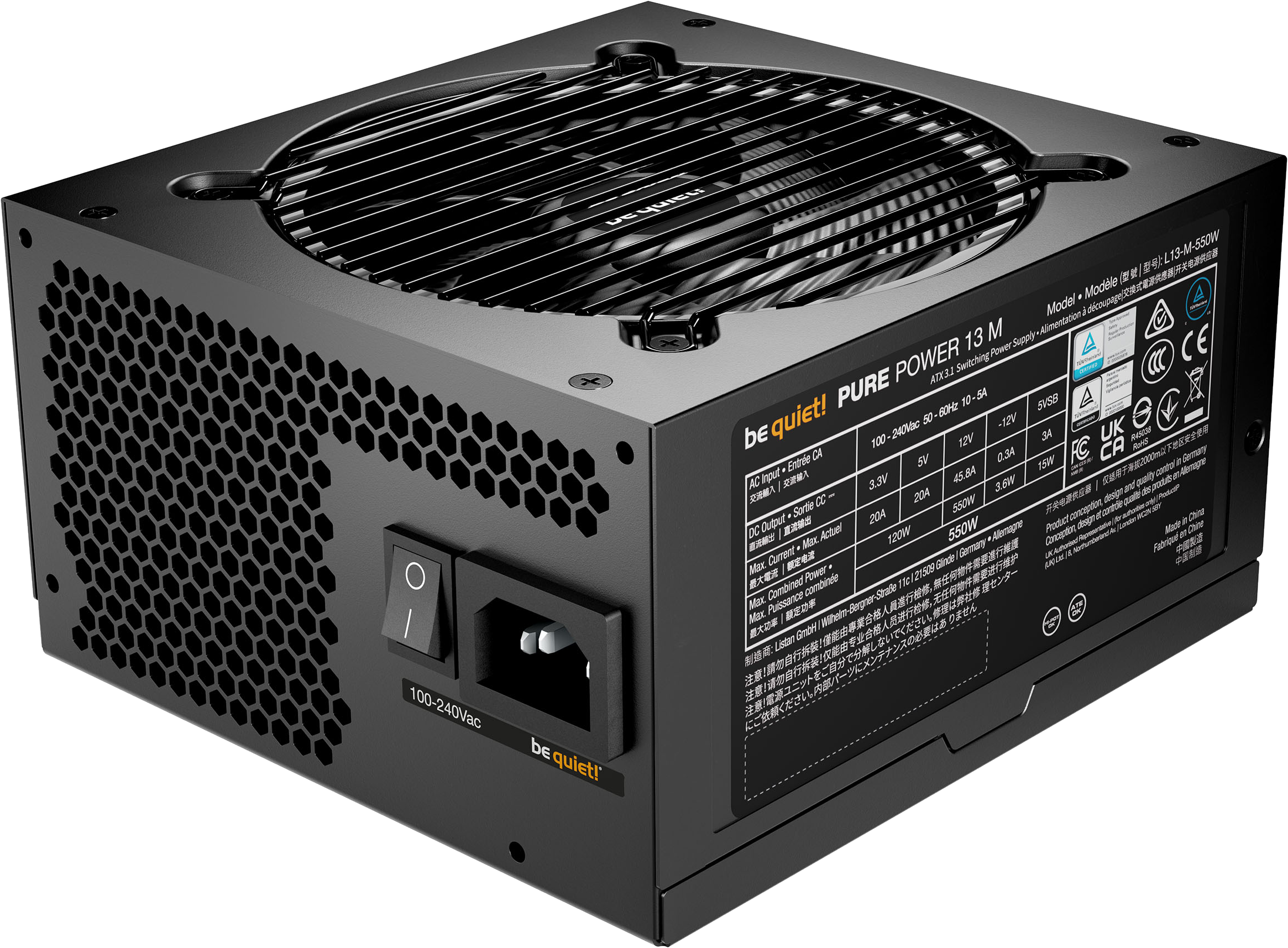 Une alimentation d'ordinateur noire. Elle comporte un ventilateur, un interrupteur et une entrée pour un câble d'alimentation.