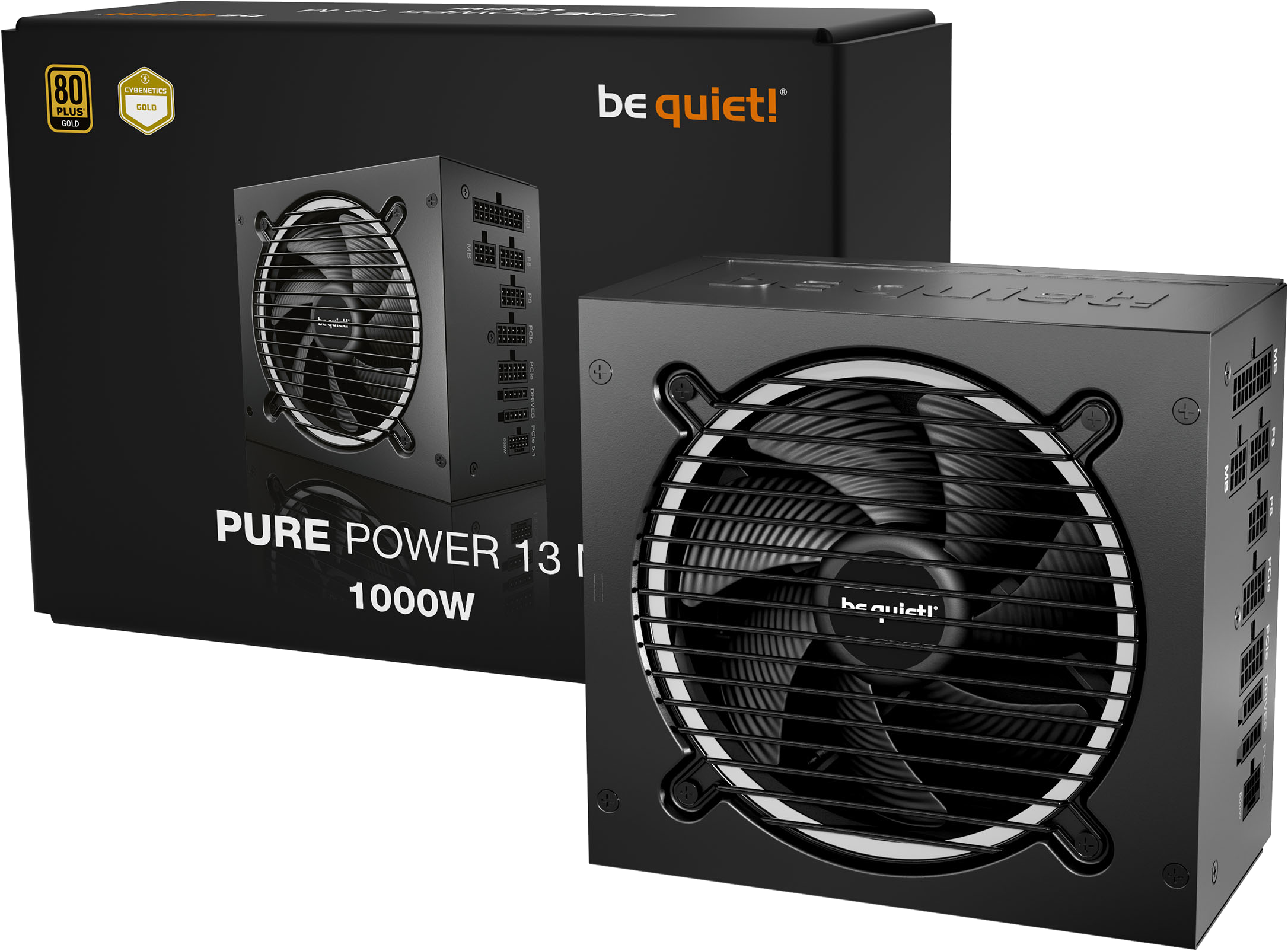 Alimentatore per computer nero. Ha una ventola, il marchio e le specifiche. La scatola è nera con il marchio.