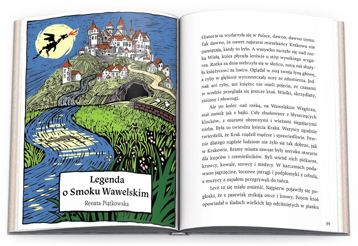 Ilustracja z polskiej książki. Smok leci nad zamkiem. Rzeka płynie przed zamkiem.