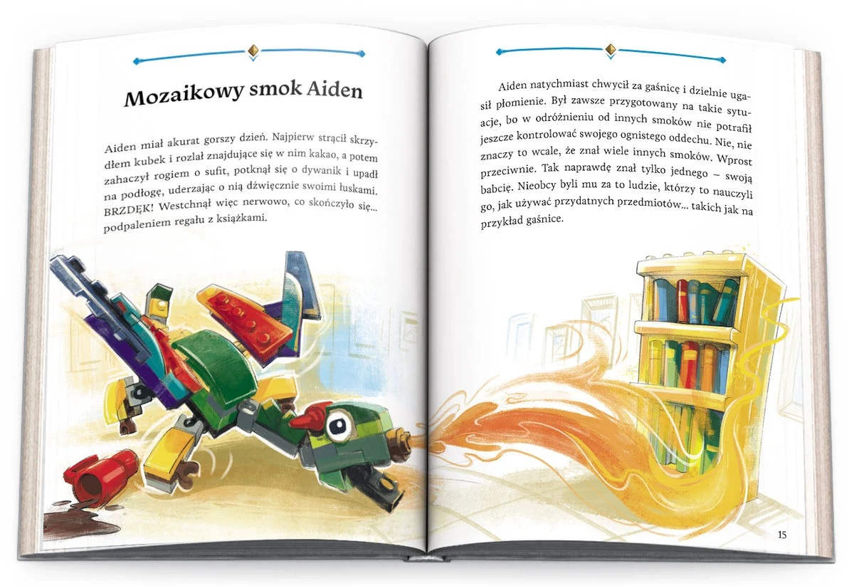 Smok z klocków na stronie książki. Jest zielony, żółty, czerwony i niebieski. Obraz otacza polski tekst.