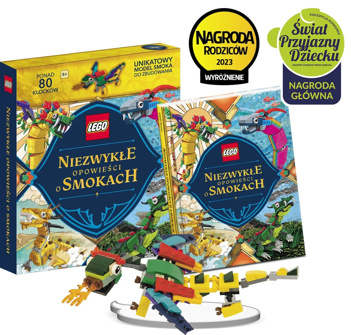 Zestaw Lego: pudełko z książką o smokach, model smoka zbudowany z klocków, nagrody dla rodziców i dzieci.