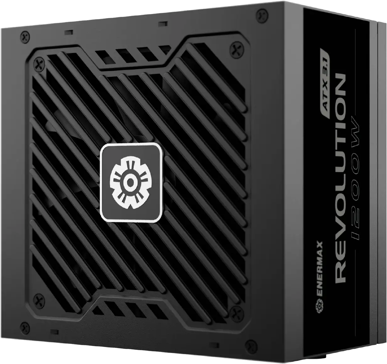 Alimentatore per computer nero. Caratteristiche: griglia ventola, logo e testo che indica ATX 3.1 e Revolution 1200W. Viti visibili.