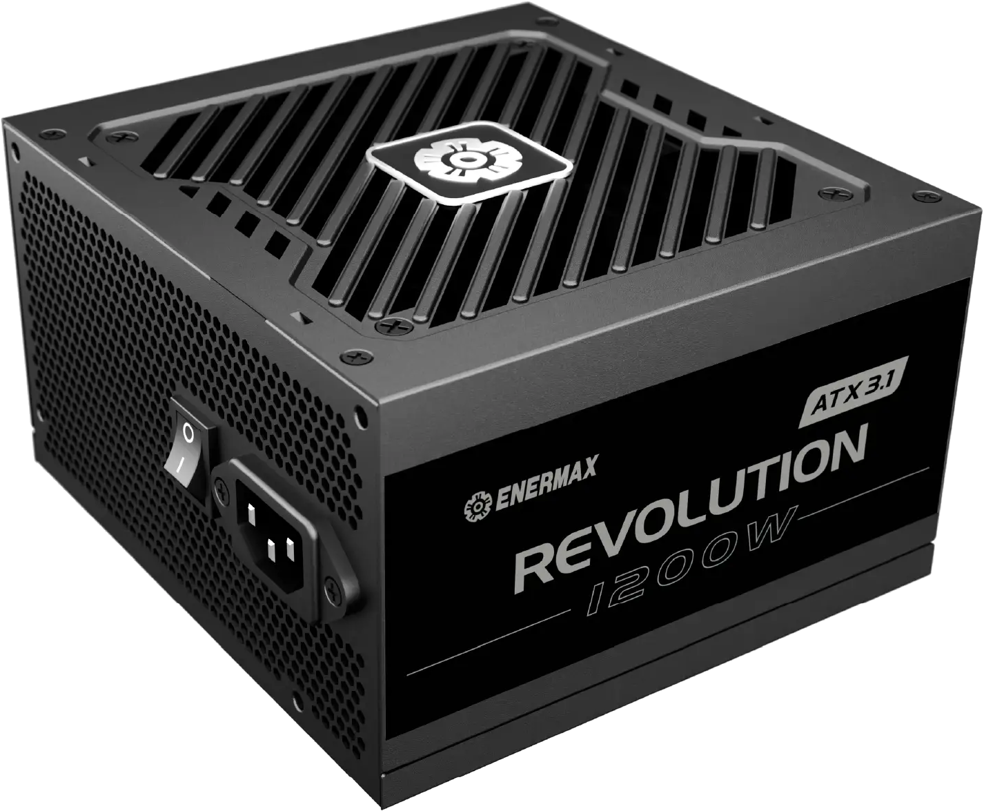 Alimentatore Enermax Revolution 1200W nero. Con interruttore, ingresso alimentazione e griglia ventola. 'ATX 3.1' è visibile.