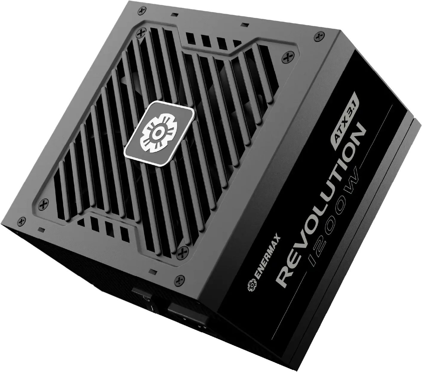Un alimentatore Enermax Revolution 1200W grigio e nero. Ha una griglia per la ventola, un logo e la scritta ATX 3.1.