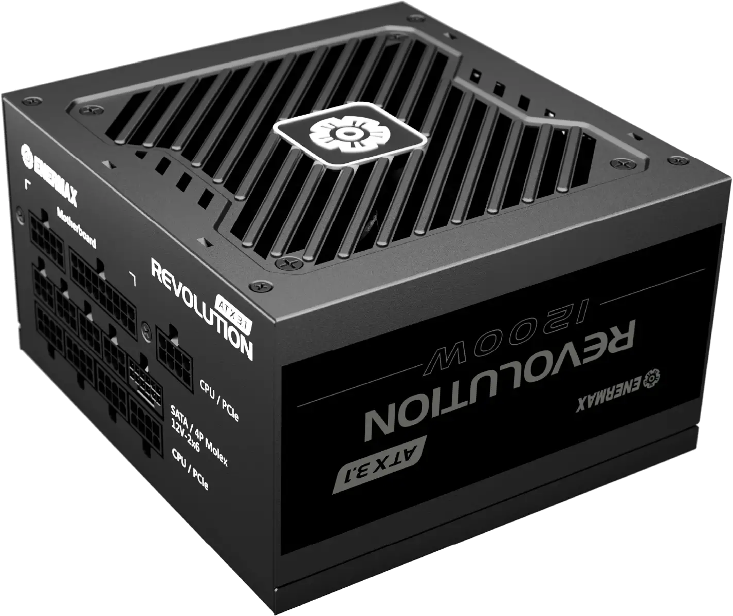 Un alimentatore nero Enermax Revolution 1200W ATX 3.1. Dettagli includono marca, modello, connettori e una ventola.
