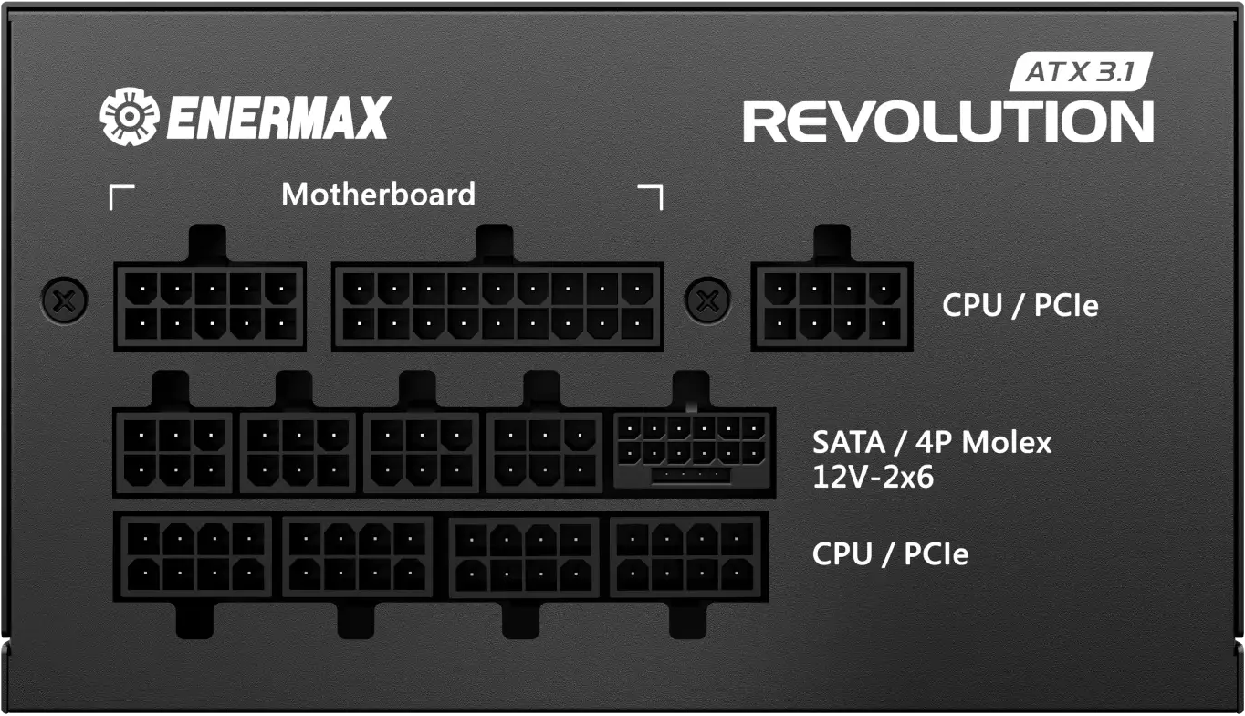 Alimentatore nero con più connettori per scheda madre, CPU e SATA. Il marchio è Enermax Revolution.