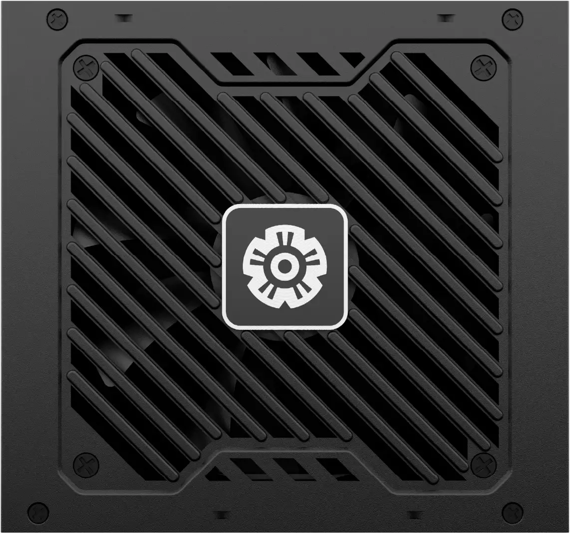 Alimentatore per computer nero. Le prese d'aria diagonali coprono la parte anteriore. Un'icona bianca è al centro con un bordo bianco.