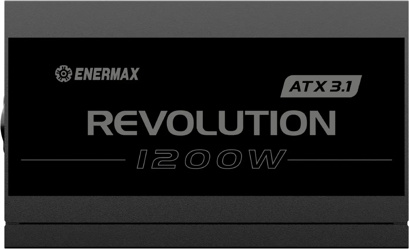 Alimentatore nero con logo 'ENERMAX', testo 'REVOLUTION 1200W'. Etichetta 'ATX 3.1' visibile. Testo grigio su sfondo nero.
