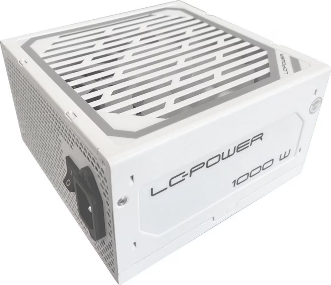 Ein weißes LC-Power 1000W Netzteil. Es hat eine perforierte Oberseite, einen schwarzen Schalter und das LC-Power-Logo ist sichtbar.