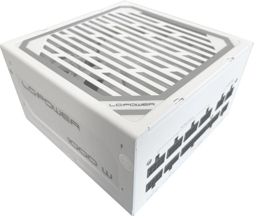 Ein weißes Computer-Netzteil mit belüfteter Oberseite. Die Vorderseite hat Stromanschlüsse. Es ist mit 'LC-POWER' und '1000 W' beschriftet.