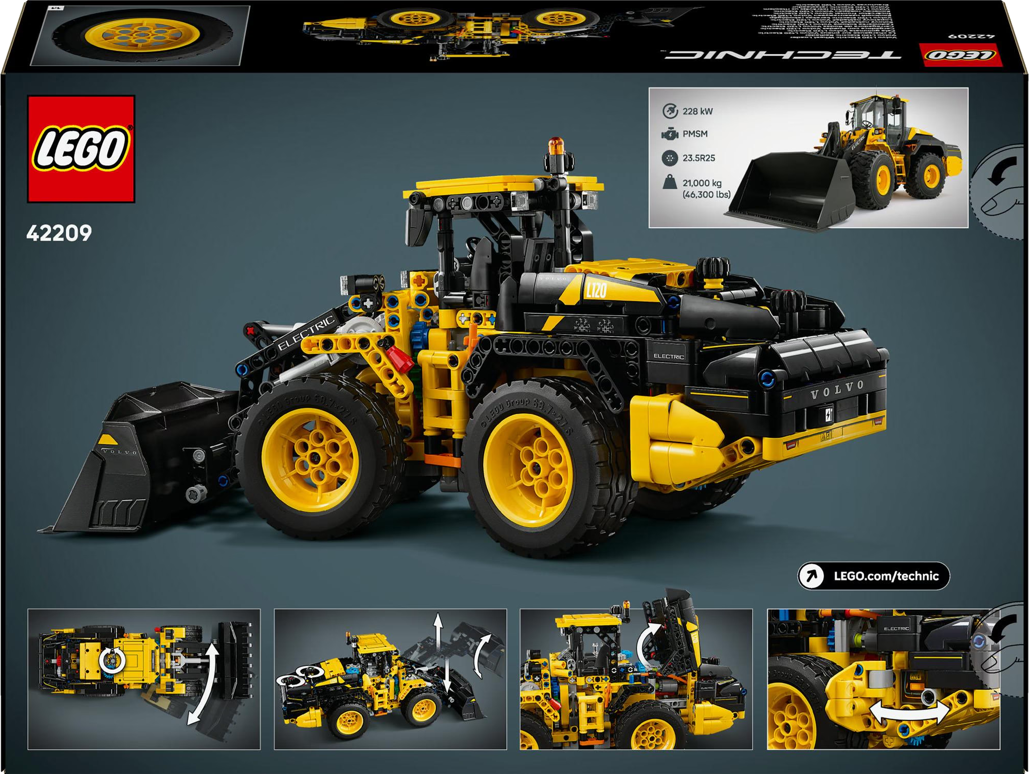 Une chargeuse sur pneus électrique Lego Technic Volvo L20. Elle est jaune et noire avec de grandes roues et un godet avant.