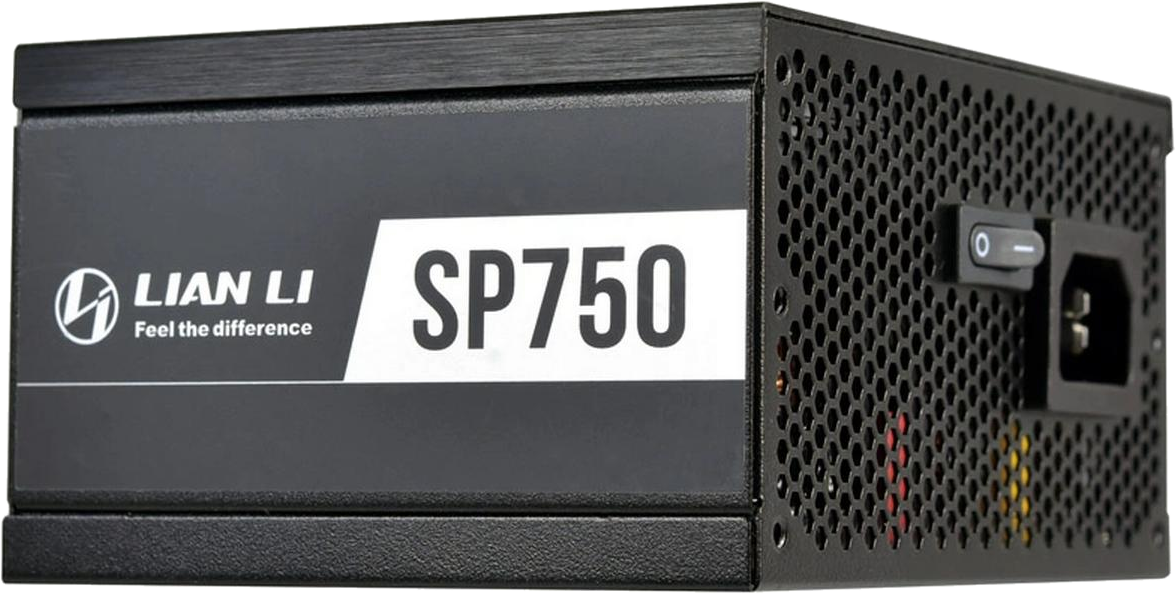 Un alimentatore nero con la scritta 'LIAN LI SP750' e un interruttore di alimentazione.