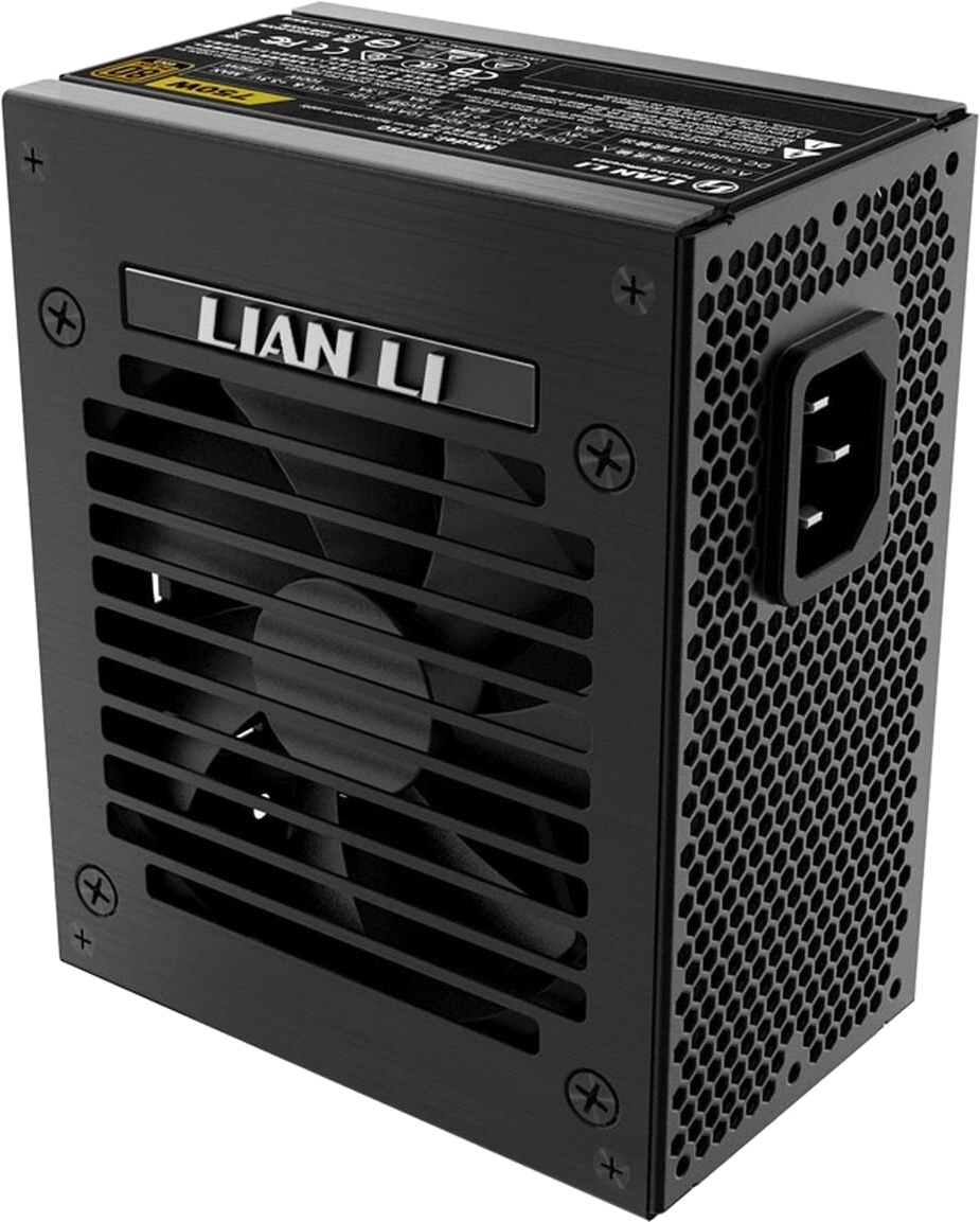 Alimentatore Lian Li nero. Ha una ventola, fori di ventilazione e un connettore di alimentazione. Il marchio è visibile.
