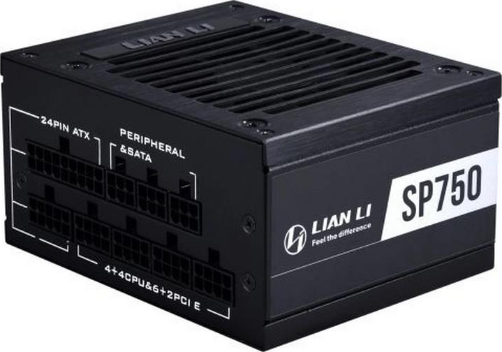 Alimentatore Lian Li SP750 nero. Ha più connettori, sono visibili il marchio e il numero di modello.