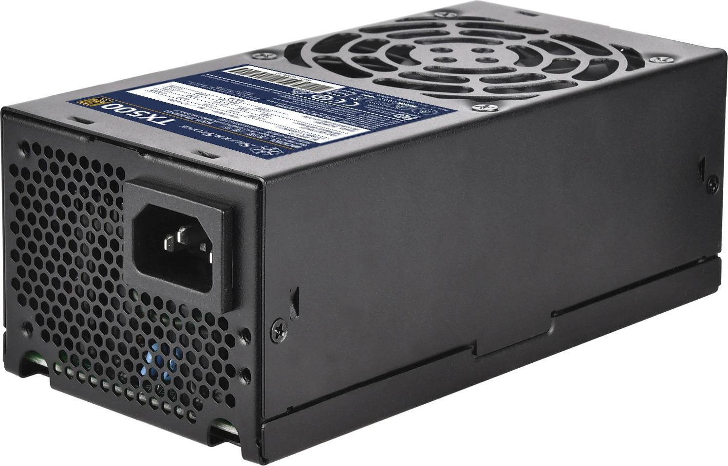 Alimentatore per computer nero. Ha una ventola sulla parte superiore e un connettore di alimentazione frontale. Etichetta del marchio visibile sopra.