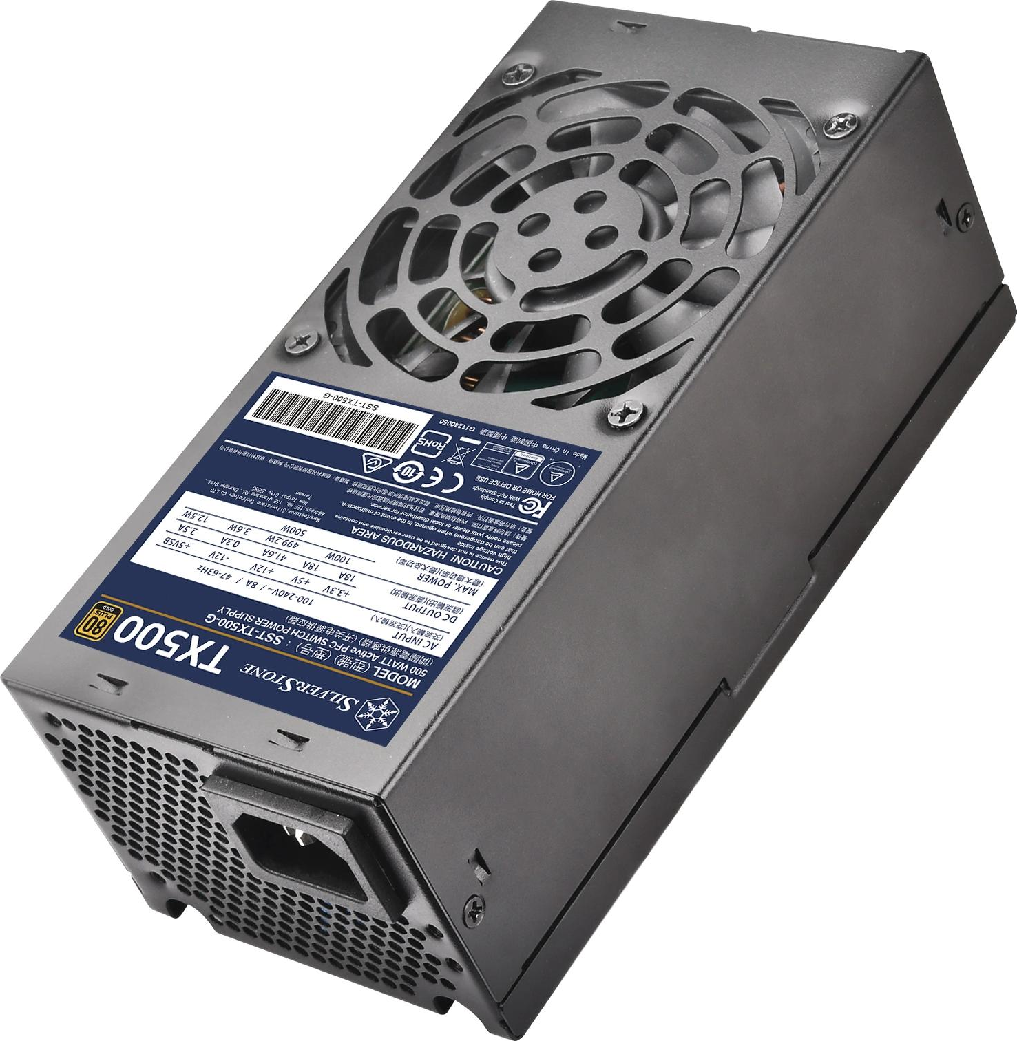 Un alimentatore per computer nero con ventola ed etichette. Ha una sezione di ingresso e uscita.