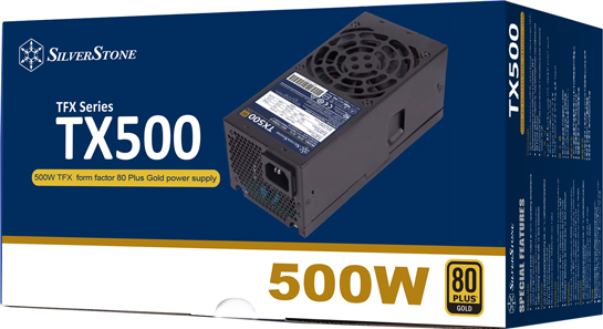 Una scatola di alimentazione Silverstone TX500. Mostra il prodotto, con testo che indica 500W e 80 Plus Gold.