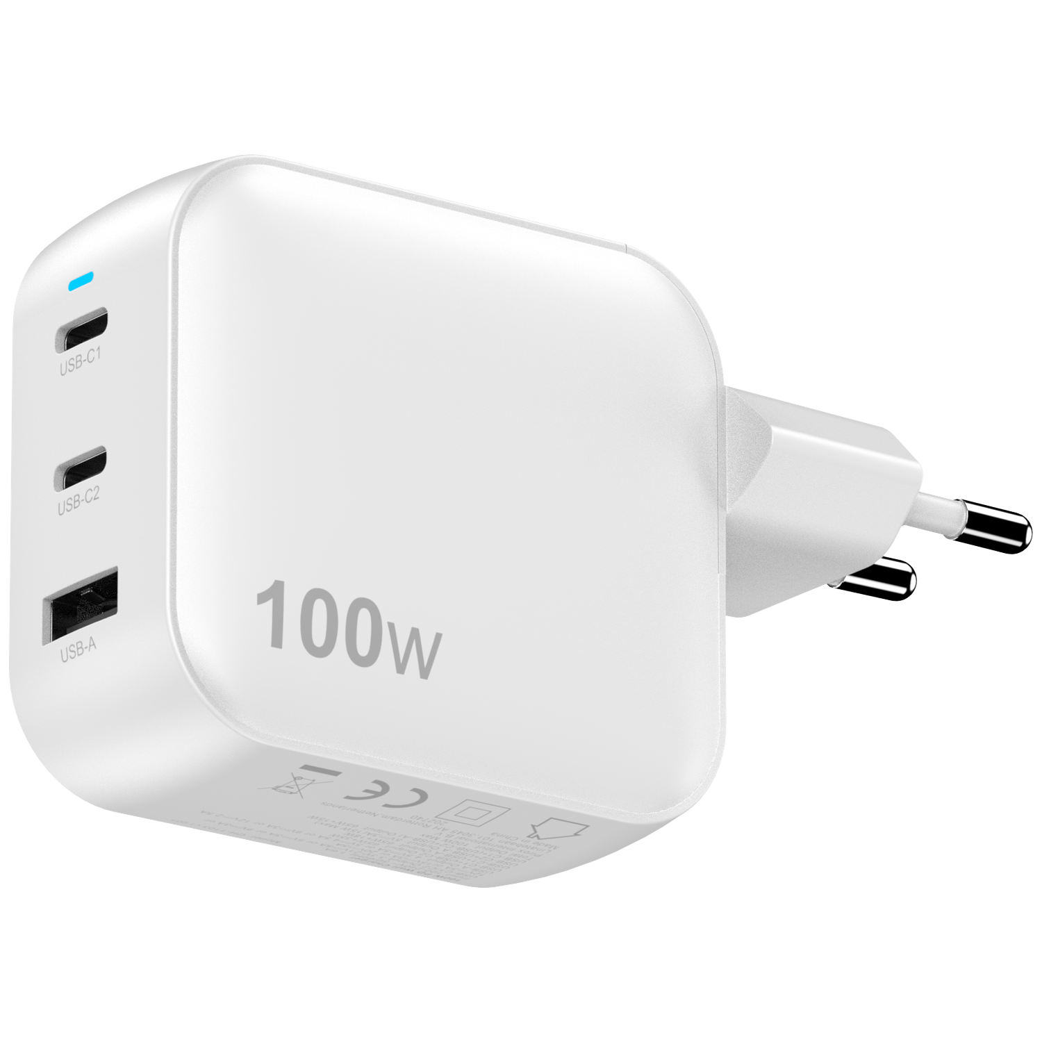 Een witte 100W USB-oplader. Het heeft USB-C- en USB-A-poorten, een blauw indicatielampje en een tweepolige stekker.