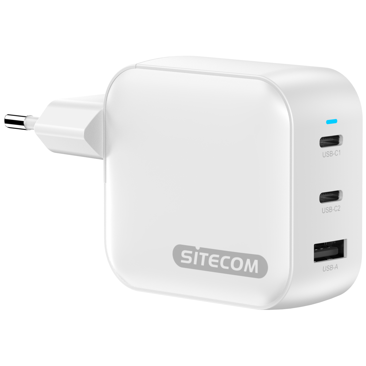 Een witte Sitecom USB-oplader met drie poorten: USB-C1, USB-C2 en USB-A. Het heeft een stekker links en een blauw lampje.