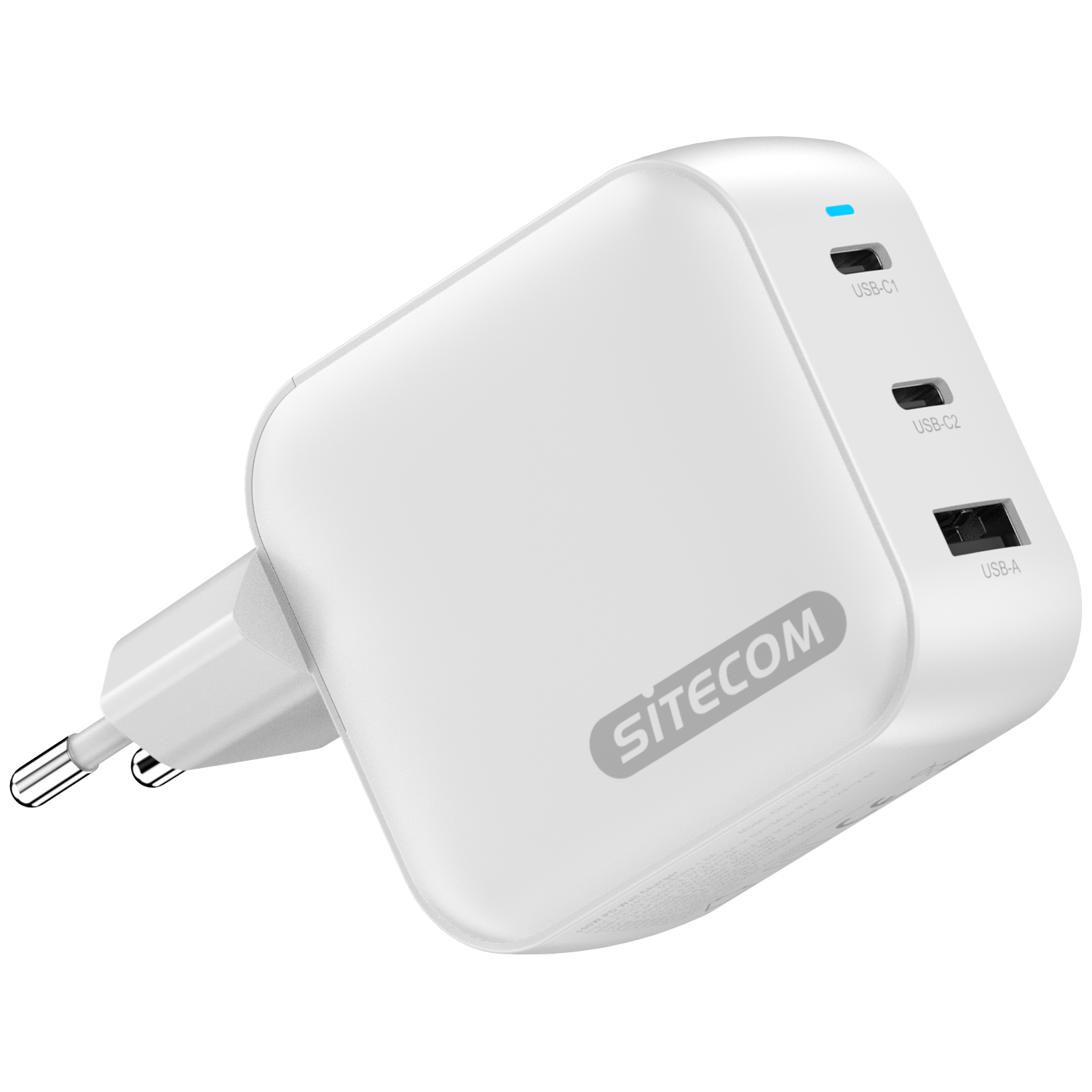 Een witte Sitecom-oplader met USB-C- en USB-A-poorten. Hij heeft een stekker en een blauw indicatielampje. De achtergrond is wit.