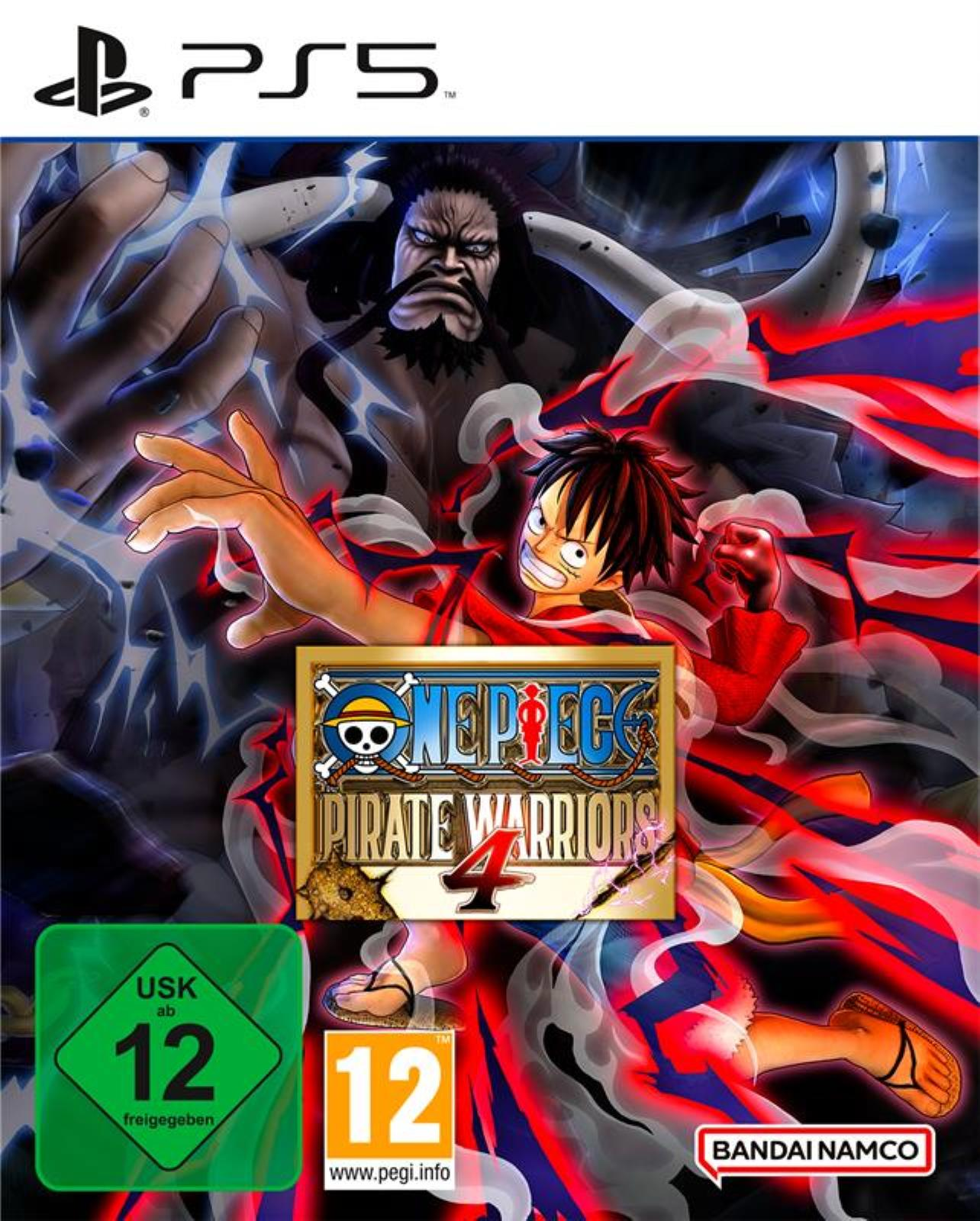 Cover-Art für One Piece Pirate Warriors 4. Luffy, Kaido und das Spielelogo sind zu sehen. PS5-Logo oben.