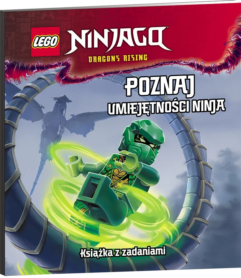 Okładka książki przedstawia zieloną postać LEGO Ninjago w akcji. Tytuł brzmi 'Ninjago Dragons Rising'. W tle widać smoka.