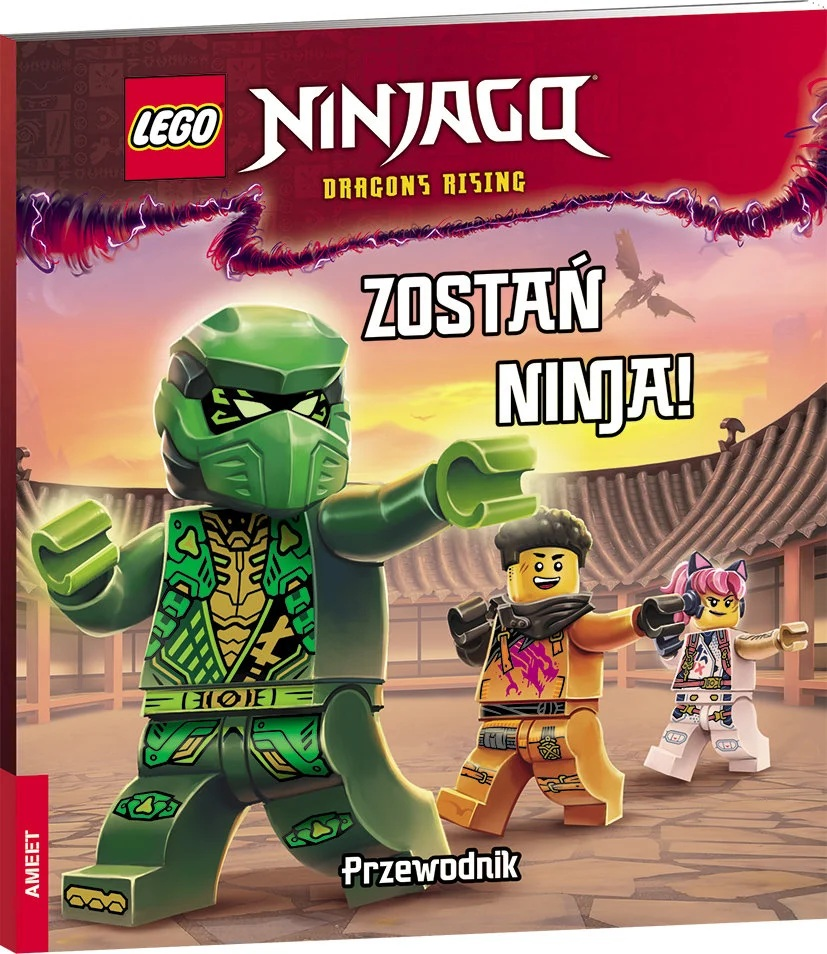 Okładka książki Lego Ninjago. Zielony ninja wyciąga ramię, dwóch innych gotowych. Tekst mówi 'Zostań Ninja!' i 'Przewodnik'.