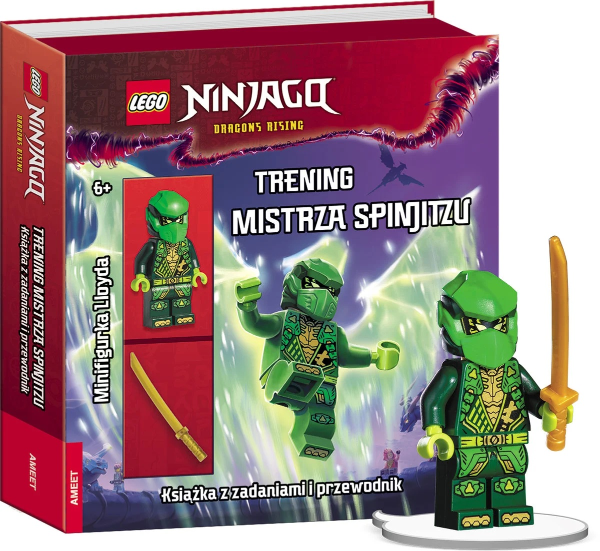 Okładka książki Lego Ninjago przedstawia zieloną postać ninja trzymającą złoty miecz. Tytuł to 'Trening Mistrza Spinjitzu'.