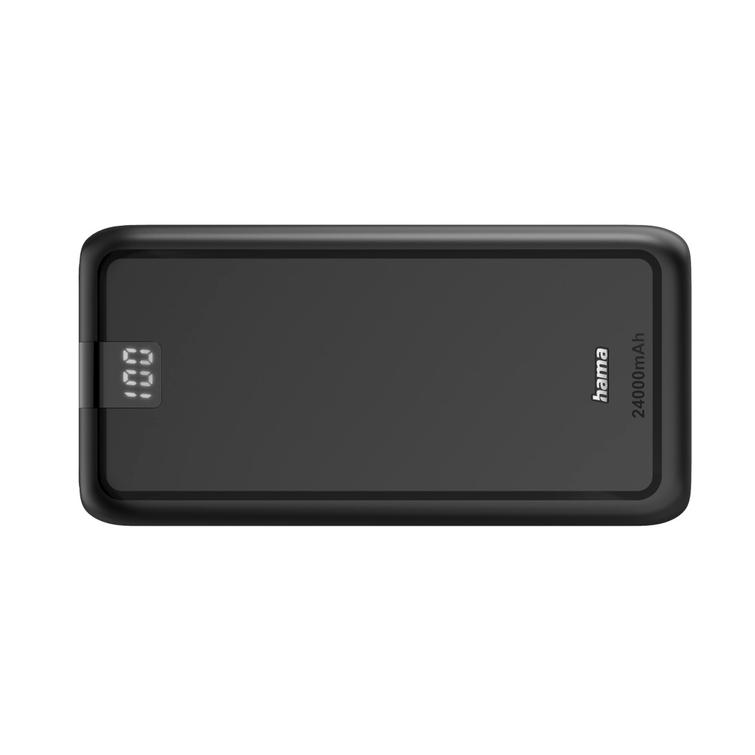 Fekete power bank, digitális kijelzővel, 100%-ot mutat. A Hama logója és a 24000mAh látható.