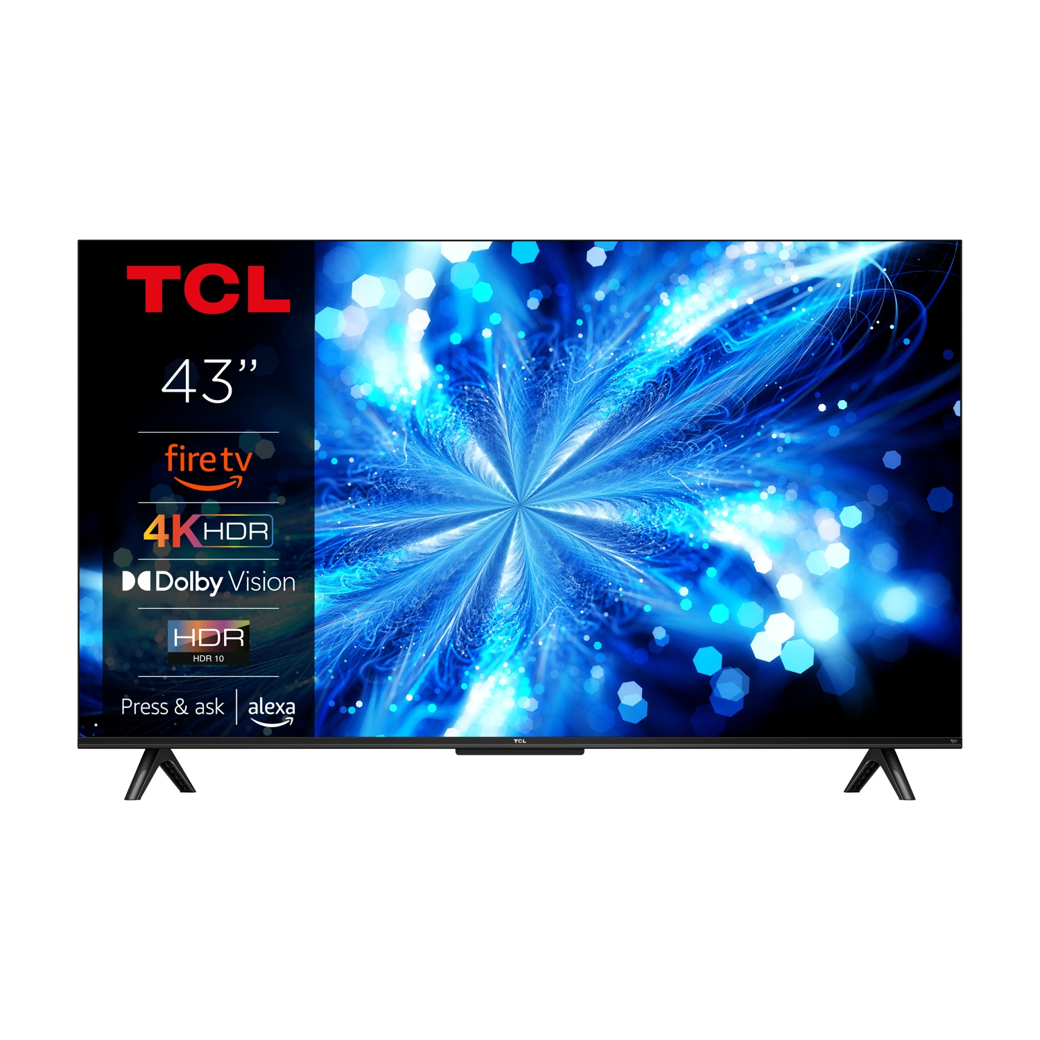 Smart TV TCL da 43 pollici. Con Fire TV, 4K HDR, Dolby Vision e Alexa. Lo schermo mostra un design astratto blu.