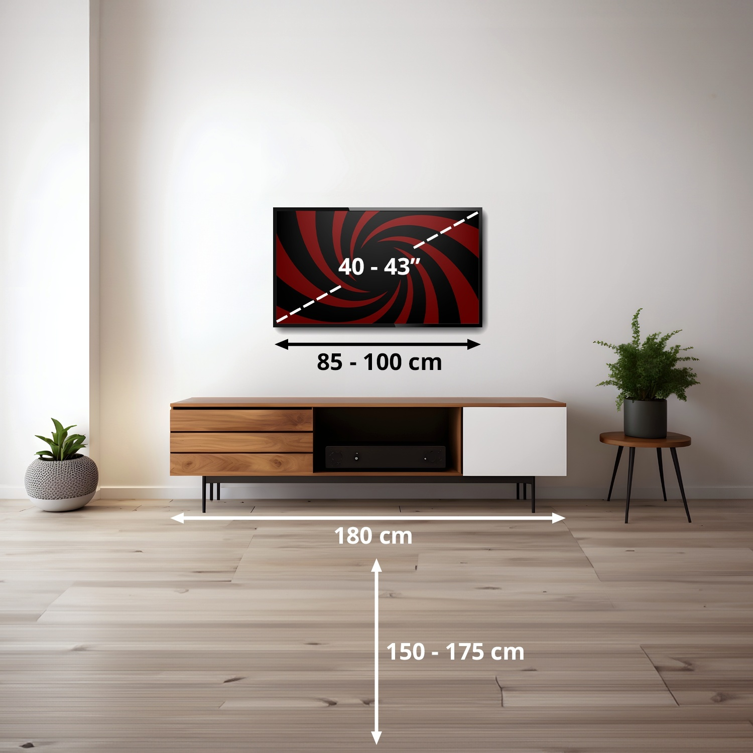 Soggiorno con TV, mobile in legno e piante. Vengono visualizzate le dimensioni: dimensioni TV, larghezza mobile e altezza parete.
