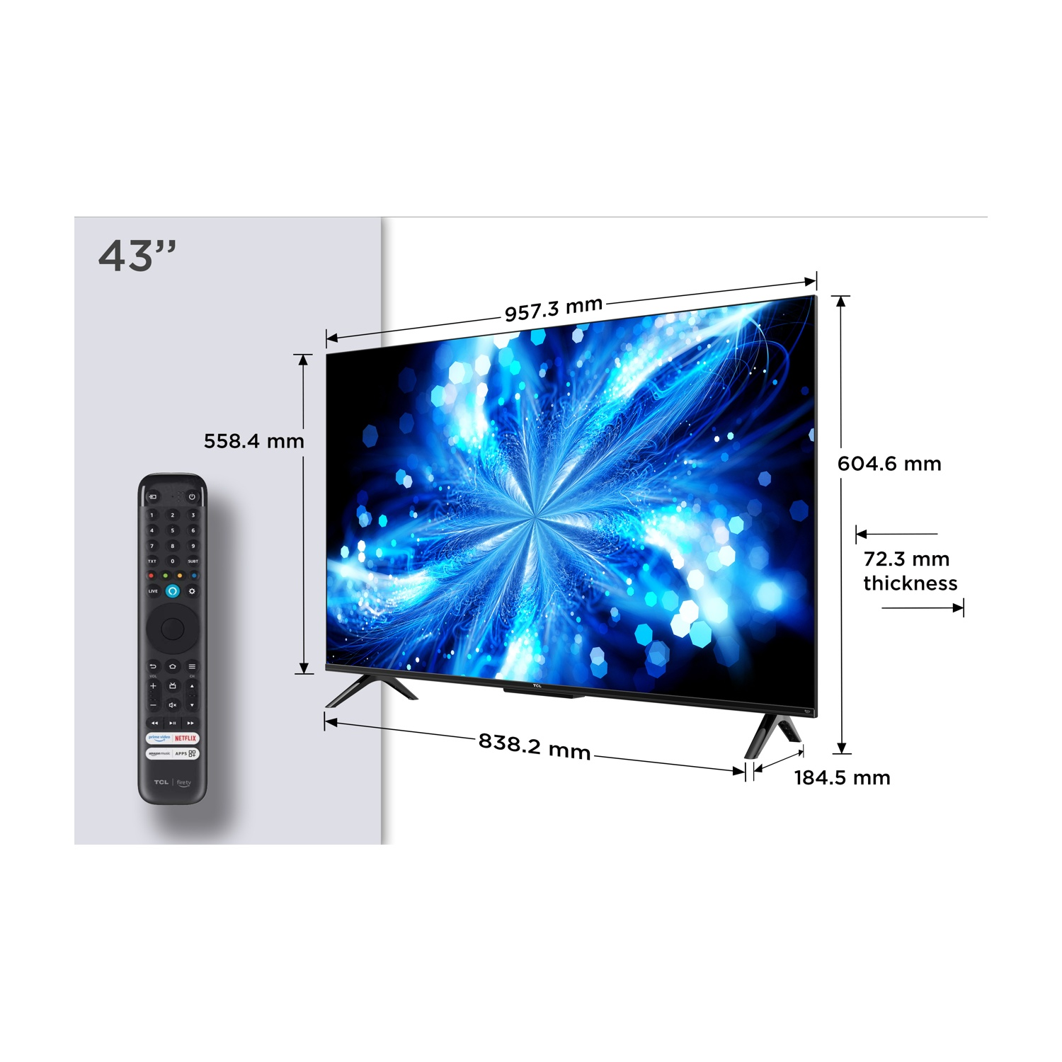 Un televisore TCL da 43" con misure, telecomando e un'immagine astratta blu sullo schermo. Le dimensioni sono fornite.