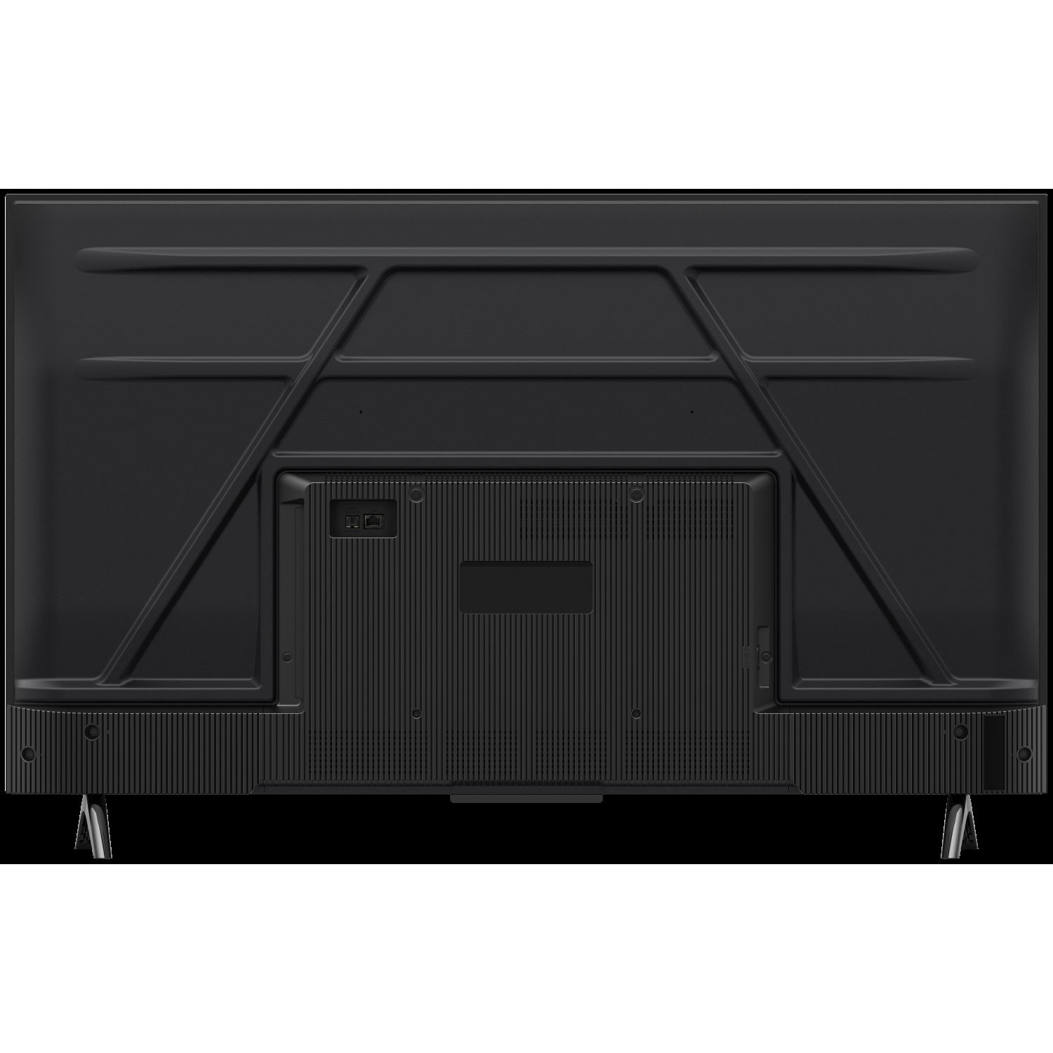 Il retro di una TV nera con cornice in metallo. Ha una porta di alimentazione, porte HDMI e un supporto.